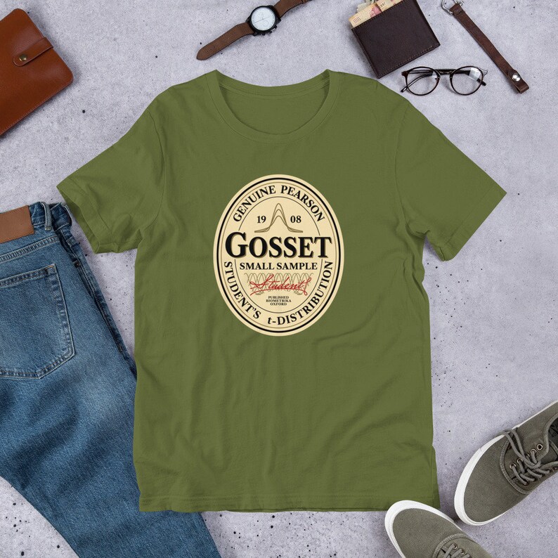 Gosset Stout Soft Cotton Unisex T-shirt | Gift for Beer Loving Statisticians | Emblem Featuring Student's T-Test for Small Samples in olive