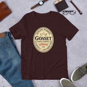 Gosset Stout Soft Cotton Unisex T-shirt | Gift for Beer Loving Statisticians | Emblem Featuring Student's T-Test for Small Samples in oxblood black