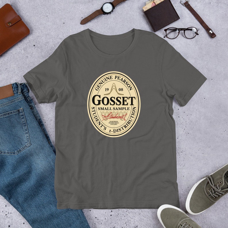 Gosset Stout Soft Cotton Unisex T-shirt | Gift for Beer Loving Statisticians | Emblem Featuring Student's T-Test for Small Samples in asphalt
