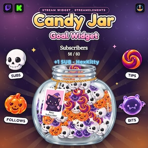 May include: A digital Candy Jar Goal Widget graphic featuring a glass jar filled with skull, pumpkin, and swirl candy icons. Text includes Candy Jar Goal Widget, Subscribers 56 / 60, +1 SUB - HexKitty, New Subscriber, SUBS, TIPS, FOLLOWS, and BITS.
