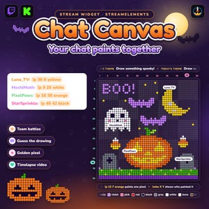 May include: A digital stream widget interface titled Chat Canvas featuring a pixel art grid with Halloween-themed drawings including a ghost, pumpkin, moon, and tombstones. The display includes user chat commands, game modes like team battles, and a color palette.