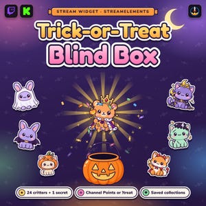 May include: A digital graphic for a Trick-or-Treat Blind Box stream widget featuring a central orange bear character wearing a crown and cape, surrounded by six smaller animal characters in Halloween costumes above a jack-o'-lantern bucket.