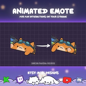 以下が含まれることがあります： ゴーグルとパイロットヘルメットを着用した、漫画のオレンジ色の猫のアニメーション絵文字。テキスト「ANIMATED EMOTE」と「FOR FUN INTERACTIONS ON YOUR STREAM！」が猫の上に表示されます。画像には、Etsyショップ名とソーシャルメディアアイコンが含まれています。