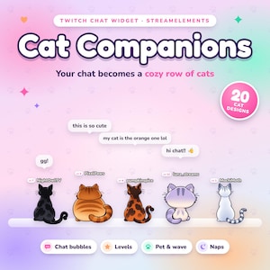Widget de chat Twitch avec chat, public interactif mignon avec des chats pour StreamElements, superposition de stream agréable avec bulles de chat et niveaux