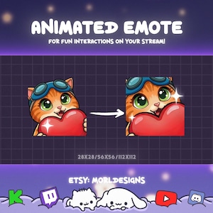 以下が含まれることがあります： ゴーグルをかけたオレンジ色の縞模様の猫が赤いハートを持っているアニメーション絵文字。テキストは「ANIMATED EMOTE」と「FOR FUN INTERACTIONS ON YOUR STREAM！」です。画像のサイズは28x28、56x56、112x112ピクセルです。