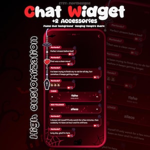 May include: A digital chat widget interface featuring a dark red theme with a hanging vampire charm, including a phone chat background, text bubbles, and notification boxes for cheers and new followers, labeled with the text Chat Widget +2 Accessories.