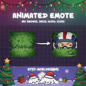 May include: Animated emote graphic with the text "Animated Emote" and "Arc Raiders". The graphic shows a bush transforming into a character in a helmet. The bottom of the image has Christmas trees, gifts, and characters with Santa hats.