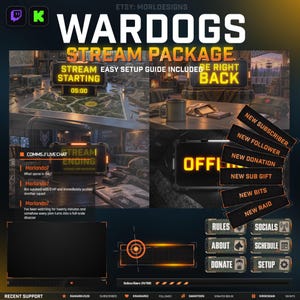 WARDOGS Animated Twitch Overlay Package, Tactical Military Stream Screens, Alerts and Widgets for OBS