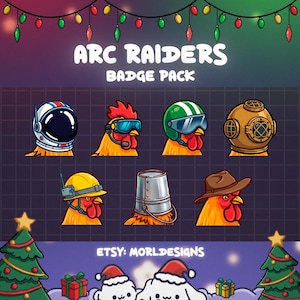 Könnte beinhalten: Ein digitales Kunst-Badge-Paket mit dem Titel "ARC RAIDERS", das Cartoon-Hühner mit verschiedenen Helmen und Hüten zeigt, darunter ein Astronautenhelm, ein Taucherhelm und ein Cowboyhut. Der Etsy-Shop-Name "MORLDESIGNS" ist ebenfalls sichtbar.
