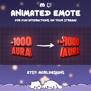 Könnte beinhalten: Animiertes Emote-Grafik mit dem Text "-1000 AURA" in Rot, der in denselben Text übergeht. Die Grafik dient für lustige Interaktionen auf Ihrem Stream. Der Etsy-Shop ist MORLDESIGNS.
