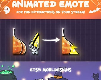 May include: Animated emote graphic with a Halloween theme. The graphic shows a pumpkin-shaped object transforming with a skeleton hand holding a yellow triangle. Text reads "ANIMATED EMOTE" and "FOR FUN INTERACTIONS ON YOUR STREAM!"