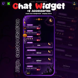 May include: A digital chat widget overlay featuring a dark purple Halloween theme with a hanging charm, phone chat background, and text elements including Chat Widget, +2 Accessories, High customization, and user messages.
