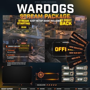 May include: A digital stream package titled WARDOGS featuring various overlays including Stream Starting, Be Right Back, Stream Ending, and Offline screens. Includes alert boxes for new subscribers, followers, donations, sub gifts, bits, and raids.