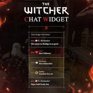 May include: A digital chat widget overlay titled The Witcher Chat Widget, featuring a vertical list of user messages, follower notifications, subscriber alerts, and a donation notification of $10.00, set against a dark, fiery, game-themed background.