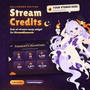 May include: A Halloween edition stream credits widget for StreamElements featuring a dark purple background with orange text. It displays a digital recap board titled Tonight's Haunting with stats and an animated character with long light purple hair.