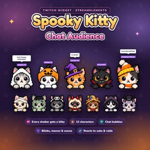Puede incluir: Un widget de Twitch titulado Spooky Kitty Chat Audience que presenta doce gatos en pixel art con varios disfraces de Halloween, incluyendo fantasmas, calabazas, brujas y vampiros. El gráfico incluye burbujas de chat y etiquetas de texto.