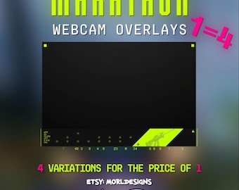 May include: A digital graphic for webcam overlays. The word "MARATHON" is in bright green block letters above the words "WEBCAM OVERLAYS". The graphic includes a black rectangle with green and white accents and the text "4 VARIATIONS FOR THE PRICE OF 1".