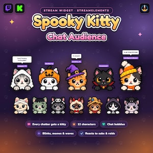 May include: A digital stream widget titled Spooky Kitty Chat Audience featuring twelve pixel art cats in various costumes including ghosts, pumpkins, witches, and vampires. The graphic includes chat bubbles and text labels for interactive streaming.
