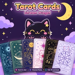May include: A digital graphic featuring the text Tarot Cards Stream Widget above a black cat illustration. Below are six tarot cards with cat-themed designs in various colors, including blue, green, purple, pink, and black with gold outlines.