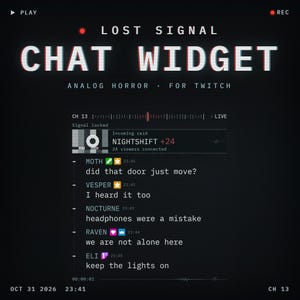May include: A digital chat widget overlay for Twitch with an analog horror theme. The text reads LOST SIGNAL CHAT WIDGET ANALOG HORROR FOR TWITCH. It displays a simulated live stream interface with a raid notification and user messages.