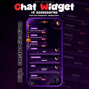 Könnte beinhalten: Ein digitales Chat-Widget-Overlay im dunkelvioletten Halloween-Design mit einem Handy-Chat-Hintergrund und einem hängenden Anhänger. Die Grafik zeigt den Text Chat Widget, +2 Accessories, Phone Chat Background, Hanging Charm und High Customization sowie beispielhafte Chat-Nachrichten und Benachrichtigungen.