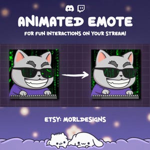 May include: Animated emote design showing a grey cat wearing sunglasses and a purple shirt, with a keyboard. The text reads "ANIMATED EMOTE FOR FUN INTERACTIONS ON YOUR STREAM!" and "ETSY: MORLDESIGNS". Two small white cat illustrations are at the bottom.