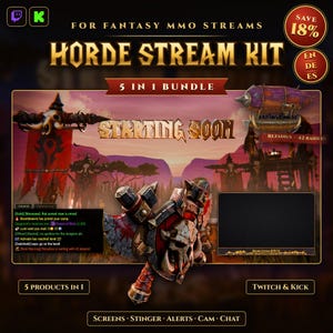 Puede incluir: Un paquete 5 en 1 de Horde Stream Kit para transmisiones de MMO de fantasía que incluye una pantalla de Starting Soon, un cuadro de chat, un marco de cámara y un gráfico de un hacha de batalla manchada de sangre con un emblema de calavera.