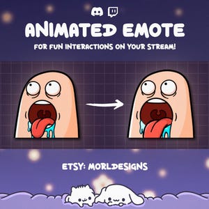Puede incluir: Gráfico de emote animado para streaming en línea. El diseño presenta un personaje de dibujos animados con una expresión de sorpresa, la boca abierta y una lengua larga. El texto dice "Animated Emote" y "For Fun Interactions On Your Stream!"