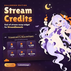 Pode incluir: Widget de resumo de fim de transmissão Halloween Edition para StreamElements com uma interface roxa e laranja, um personagem fantasma, o texto Tonight's Haunting e seis caixas de dados exibindo estatísticas como seguidores e gorjetas.