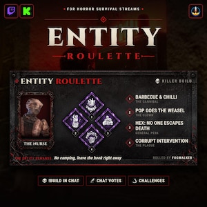 May include: A digital graphic for Entity Roulette featuring The Nurse character portrait, four purple diamond-shaped perk icons, and a list of perks including Barbecue & Chilli, Pop Goes The Weasel, Hex: No One Escapes Death, and Corrupt Intervention.