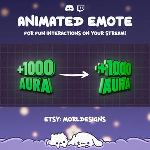 Könnte beinhalten: Animierte Emote-Grafik mit dem Text "ANIMATED EMOTE" und "FOR FUN INTERACTIONS ON YOUR STREAM!". Die Grafik zeigt ein grünes "+1000 AURA", das sich in ein anderes "+1000 AURA" mit einem Pfeil verwandelt. Der Etsy-Shop-Name "MORLDESIGNS" wird ebenfalls angezeigt.