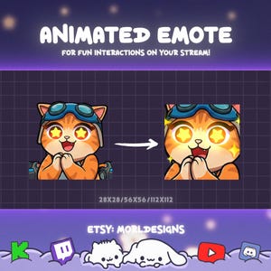 以下が含まれることがあります： ゴーグルとパイロットヘルメットをかぶったオレンジ色のトラ猫のアニメーション絵文字。猫は星型の目を持ち、2つの段階で表示され、2番目の段階では目が光っています。「ANIMATED EMOTE」と「FOR FUN INTERACTIONS ON YOUR STREAM！」と書かれています。