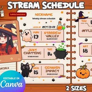Könnte beinhalten: Eine Halloween-Stream-Zeitplanvorlage mit einer Hexenmädchen-Illustration, einem Geist, einer schwarzen Katze und einem Kürbis. Der Zeitplan enthält den Text "STREAM SCHEDULE", "WEEK OF OCT 13-19" und Spieltitel. Die Vorlage ist in Canva editierbar.