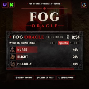 May include: A digital interface titled FOG ORACLE FOR HORROR SURVIVAL STREAMS. The dark panel displays WHO IS HUNTING with a list of killers including NURSE at 40%, BLIGHT at 20%, and HILLBILLY at 10%. It features a timer at 0:54 and text !guess.