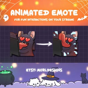 May include: Animated emote graphic with a bat character, featuring heart-shaped eyes and a long tongue, interacting with a screen. The text "ANIMATED EMOTE" and "FOR FUN INTERACTIONS ON YOUR STREAM!" are displayed above. The Etsy shop name "MORLDESIGNS" is also shown.
