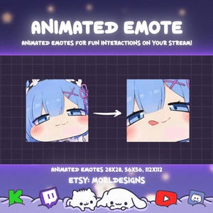 May include: An animated emote graphic with a blue-haired anime character. The image shows two versions of the character's face, one with a neutral expression and the other with its tongue out. Text reads "ANIMATED EMOTE" and "ANIMATED EMOTES FOR FUN INTERACTIONS ON YOUR STREAM!"