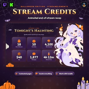 May include: A Halloween edition StreamElements stream credits overlay featuring a purple background with spiderwebs and pumpkins. It displays Tonight's Haunting, October 2, 2024, and stats for followers, subs, bits, tips, messages, and stream time.