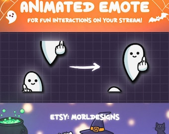 May include: Animated emote graphic with a white ghost giving the middle finger. The graphic includes the text "ANIMATED EMOTE" and "FOR FUN INTERACTIONS ON YOUR STREAM!" Additional graphics include a bat, spiderweb, and a cauldron.