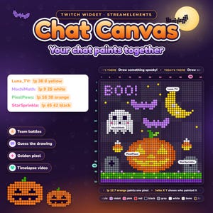 Könnte beinhalten: Eine digitale Twitch-Widget-Oberfläche mit dem Titel Chat Canvas und dem Text Your chat paints together. Sie zeigt ein Pixel-Art-Raster mit einer Halloween-Szene mit Geist, Kürbis, Mond und Fledermäusen sowie Benutzerbefehle und Spielmodi.