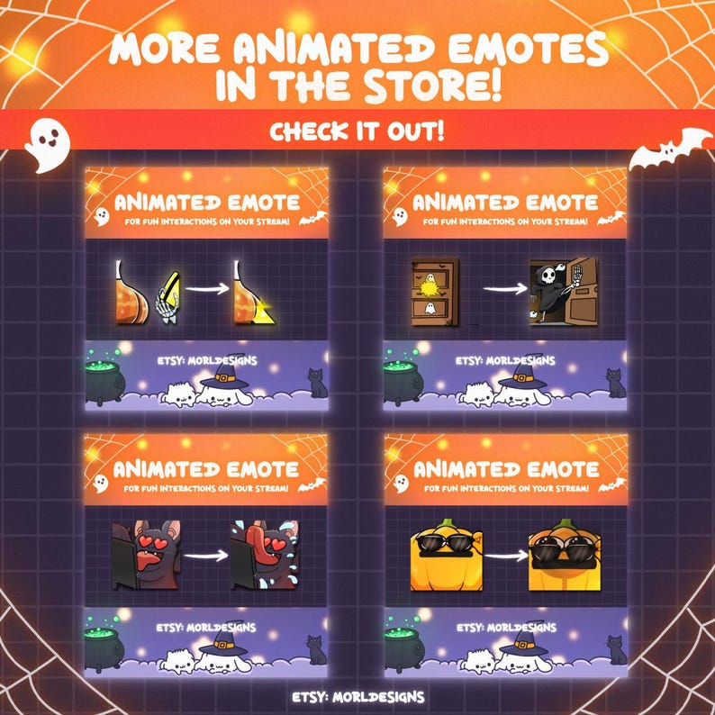 Puede incluir: Gr&aacute;fico promocional de emotes animados con tem&aacute;tica de Halloween. La imagen presenta calabazas, fantasmas y murci&eacute;lagos. El texto dice "MORE ANIMATED EMOTES IN THE STORE! CHECK IT OUT!" y "ANIMATED EMOTE FOR FUN INTERACTIONS ON YOUR STREAM!"