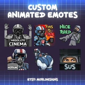 Könnte beinhalten: Benutzerdefinierte animierte Emotes mit Charakteren mit Gasmasken und Helmen. Emotes enthalten Texte wie "Absolute Cinema", "This is Fine", "Nice Raid", "Hopium" und "Sus". Der Etsy-Shop-Name "MORLDESIGNS" wird ebenfalls angezeigt.