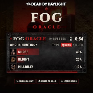 May include: A digital interface for the game Dead by Daylight titled Fog Oracle. The screen displays a list of killers including Nurse, Blight, and Hillbilly with associated percentages, a timer at 0:54, and text prompts like Who is hunting.