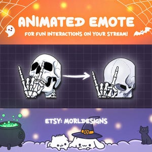 Puede incluir: Gráfico de emote animado con una calavera blanca con manos de esqueleto haciendo un gesto de rock and roll. El texto "ANIMATED EMOTE" se muestra arriba, con "FOR FUN INTERACTIONS ON YOUR STREAM!" debajo. También se muestra el nombre de la tienda de Etsy "MORLDESIGNS".