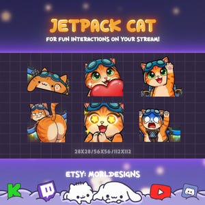 May include: A digital art graphic featuring a collection of orange tabby cats wearing goggles and jetpacks. The text "JETPACK CAT" and "FOR FUN INTERACTIONS ON YOUR STREAM!" are displayed. The Etsy shop name "MORLDESIGNS" is also shown.