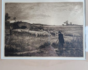 Grabado de 1892 de un pastor español, obra de Henry Macbeth Raeburn, enmarcado.