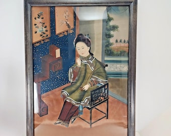アンティークの中国製オリジナル裏面塗装済み絵画「水辺の女性と睡蓮