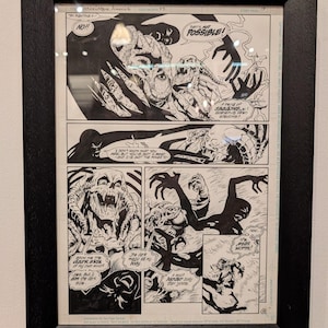 May include: Framed black and white comic book art from Justice League America #93. The artwork features panels with detailed illustrations of characters and speech bubbles with text like "NO!!" and "THAT'S NOT POSSIBLE!"