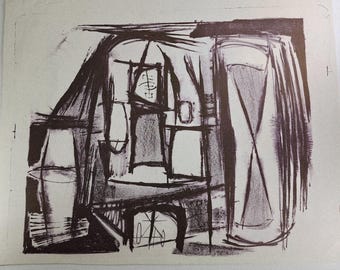 H. 1950 Jerry Opper Abstrakte Sanduhr-Stein-Lithographie Schwarz & Weiß Ungerahmt