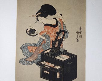 Utagawa Kunisada Signed Japanese Woodblock Print Woman with a Mirror c1830