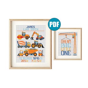 Birth Announcement Heavy equipment Dream big Little one cross stitch PDF #68 #104 Bulldozer Excavator Dump truck Cement mixer truck Nursery